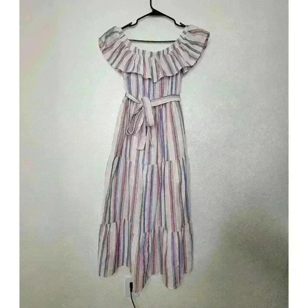 English Factory Off Shoulder Color Striped Tiered Ruffle Midi Dress Size Medium - Picture 3 of 8